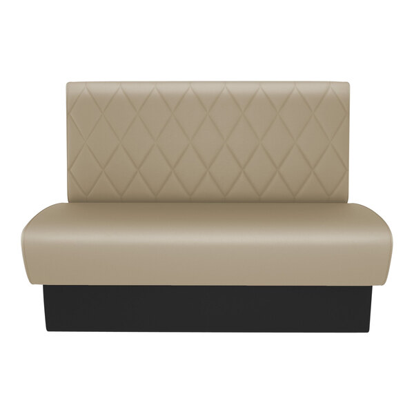 A tan leather booth with a diamond tufted single back and black trim.