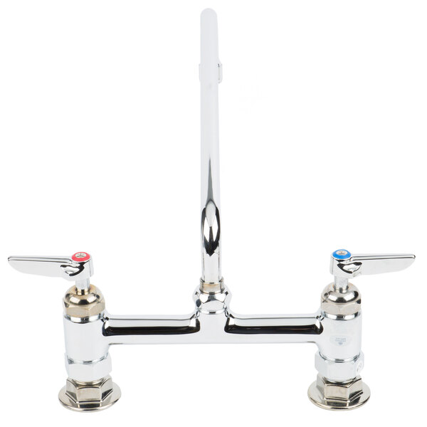 A T&S chrome deck-mounted pantry faucet with two handles and a swing nozzle.