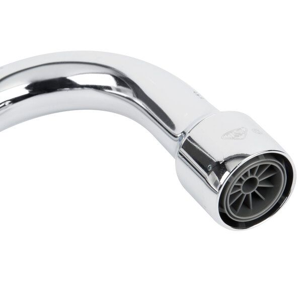 A T&S chrome deck mount faucet with a round base and silver swing nozzle.