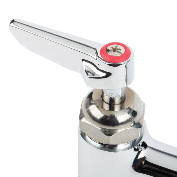 A chrome deck-mounted pantry faucet with a red handle.