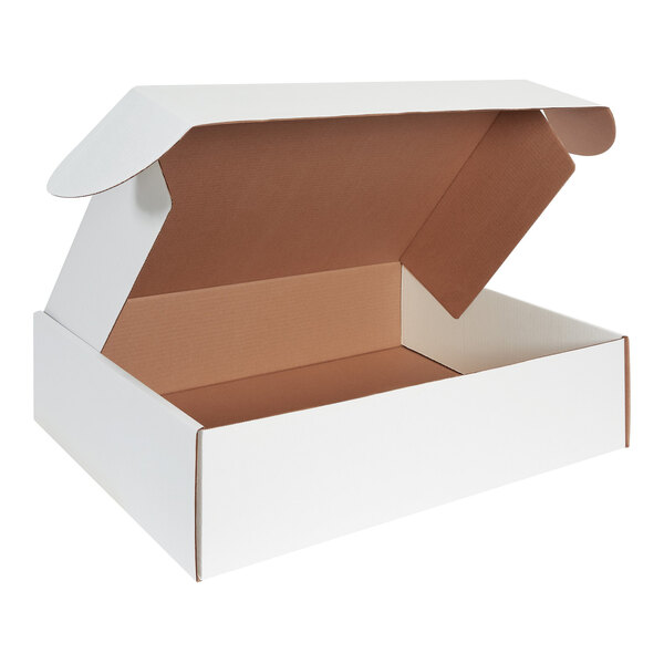 A white cardboard mailer box with front locking tabs.