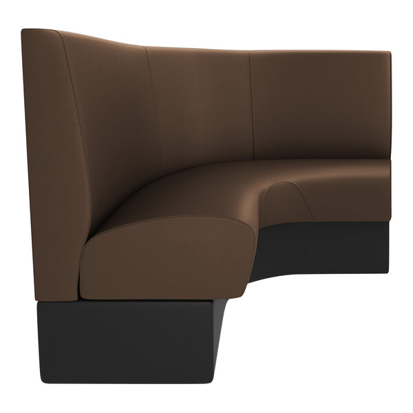 A brown leather curved corner booth with black base.
