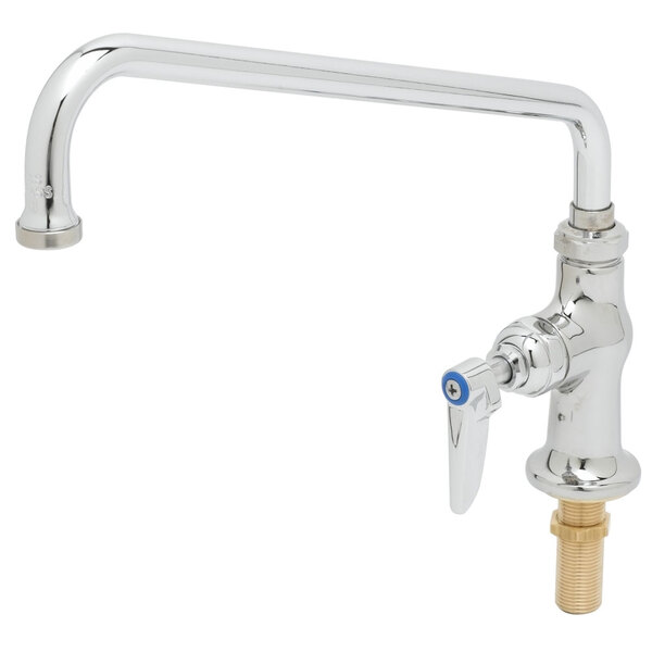 A silver deck-mount faucet with a metal handle and blue knob.