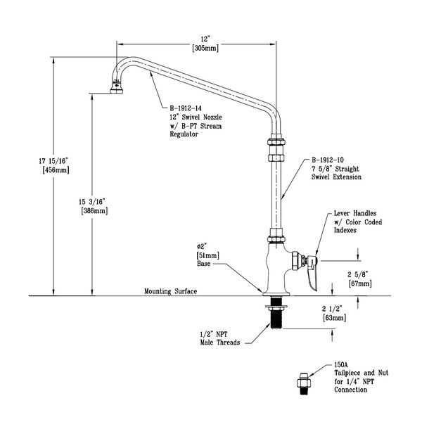 A diagram of a T&S deck-mount pantry faucet with a swing nozzle and swivel extension.