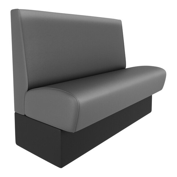A graphite grey plain back booth with black legs.