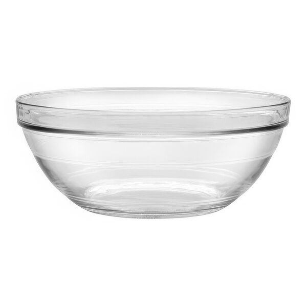 A case of 12 clear glass Duralex Gigogne bowls with a rim.
