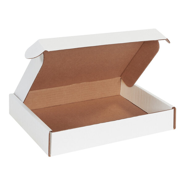 A white Lavex corrugated mailer box with a lid open.