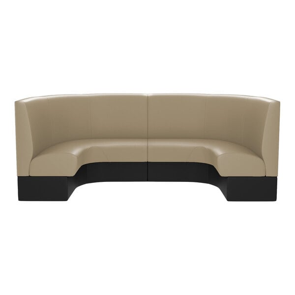A tan and black curved booth.