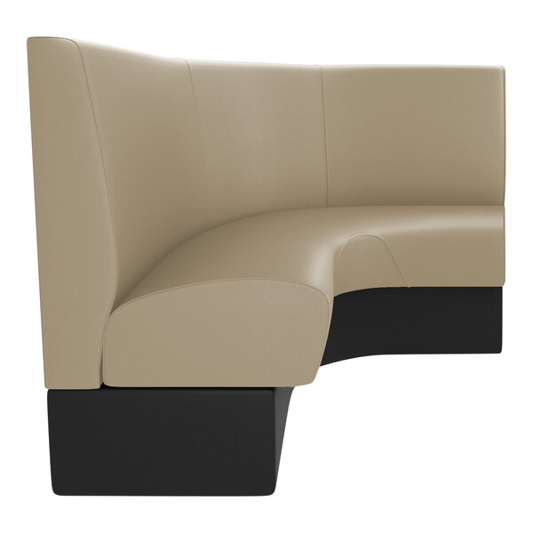 A tan curved 3/4 circle booth with black legs.