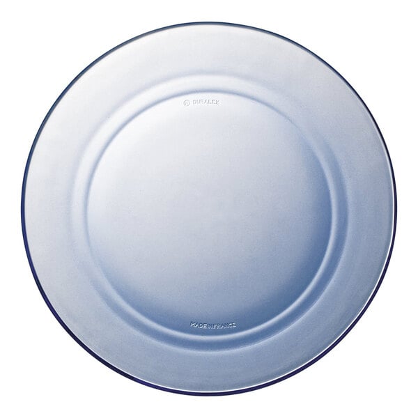 A close-up of a white Duralex soup plate with a blue rim.