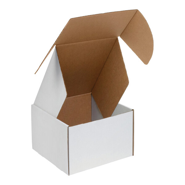 A white cardboard mailer with front locking tabs.