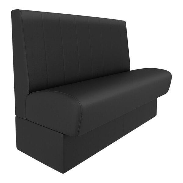 A QA Group ebony channel back restaurant booth with a black leather bench.