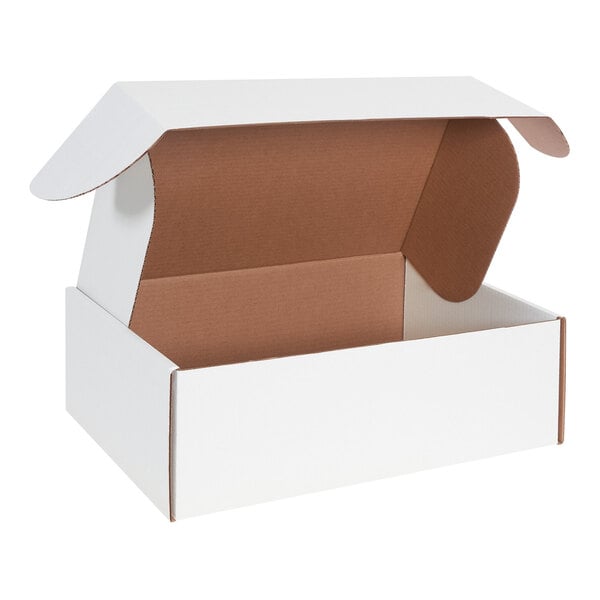 A white cardboard mailer with a brown front locking tab.