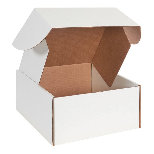 A white Lavex corrugated mailer box with the lid open.