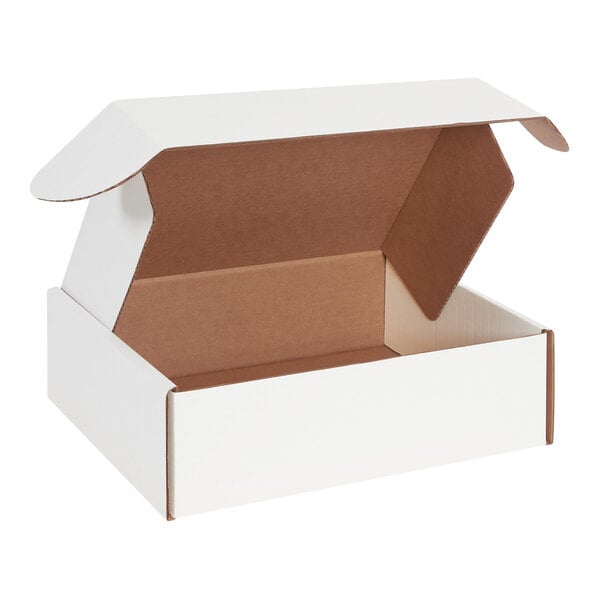 A white cardboard box with a lid open.