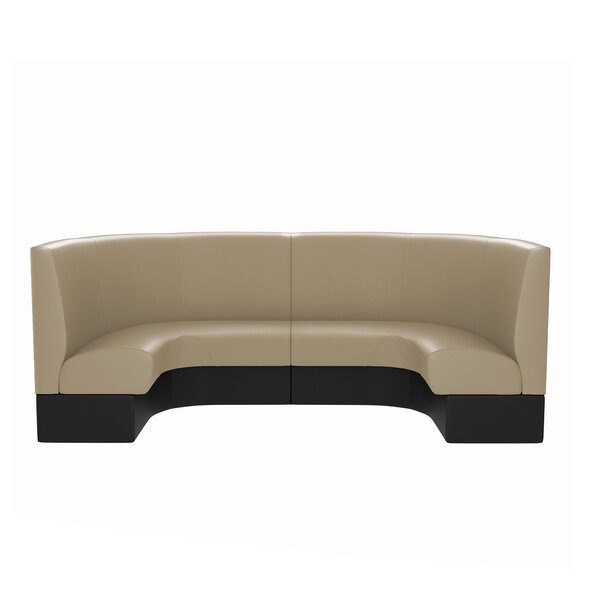 A tan and black curved booth with a half circle back.