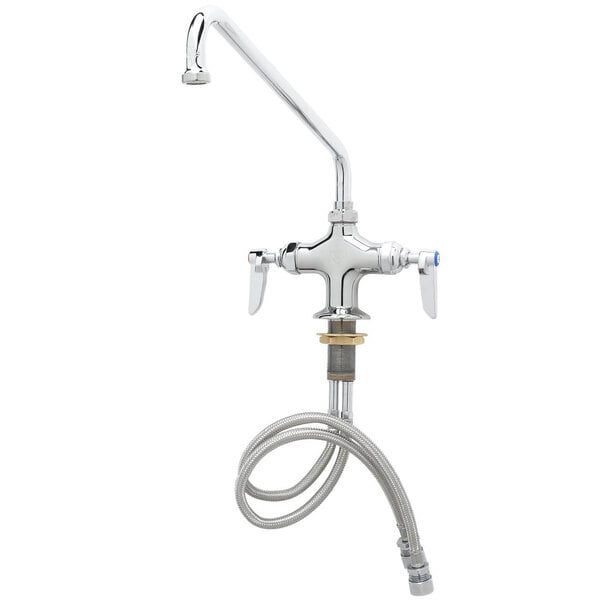 A T&S chrome deck-mounted pantry faucet with a hose attached.