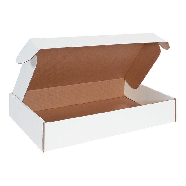 A white box with front locking tabs and an open lid.