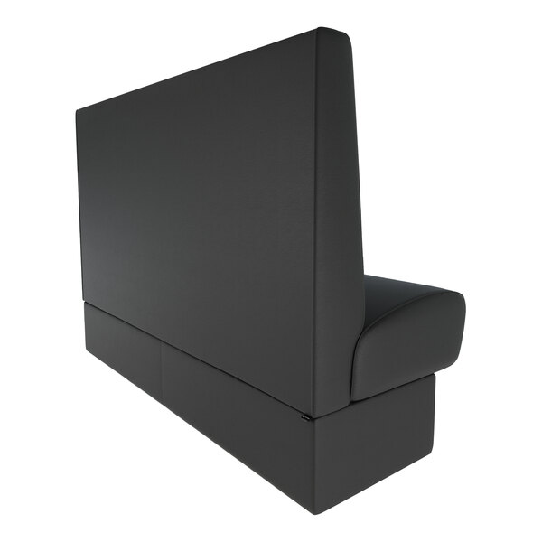 A black upholstered single back booth with a high backrest and plain design.