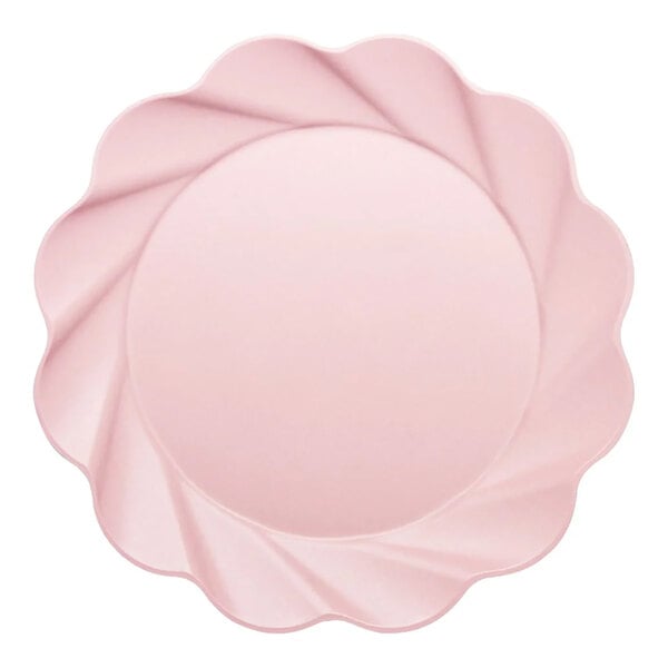 A pink Sophistiplate Simply Eco dinner plate with a wavy edge.