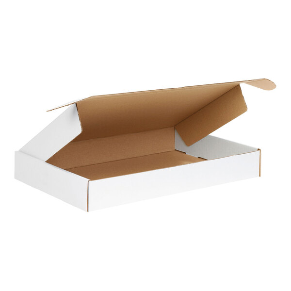 A white cardboard mailer box with a lid open.