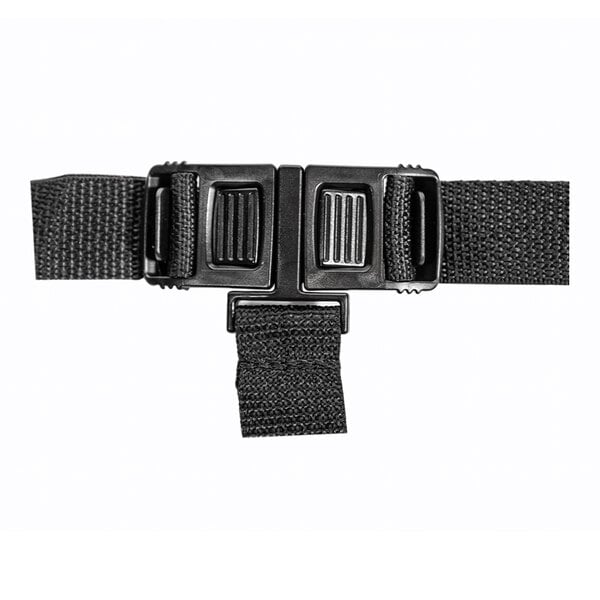 A black seat belt with a plastic buckle designed for use with Youngstar bar height high chairs.