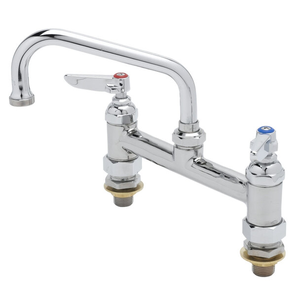 A chrome T&S deck-mount faucet with two handles and two faucets.