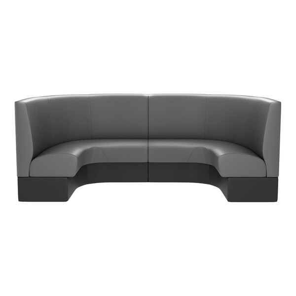 A grey curved booth with a curved back and black accents.