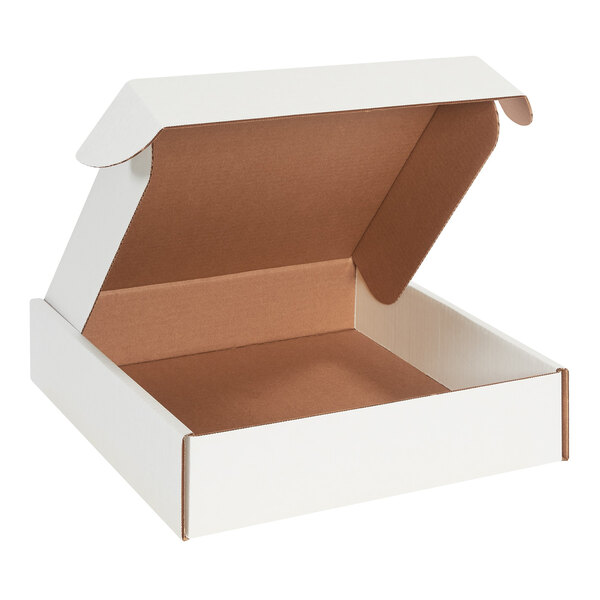 A white box with locking tabs and a lid open.