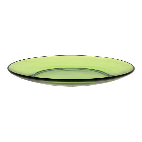 A Duralex green glass dessert plate with a black rim.