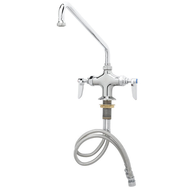 A close-up of a chrome T&S deck-mounted pantry faucet with a hose attached.