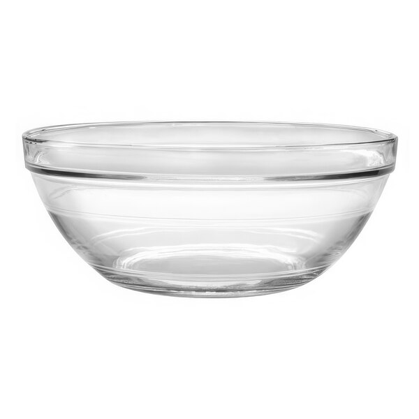 A clear glass Duralex Gigogne bowl.