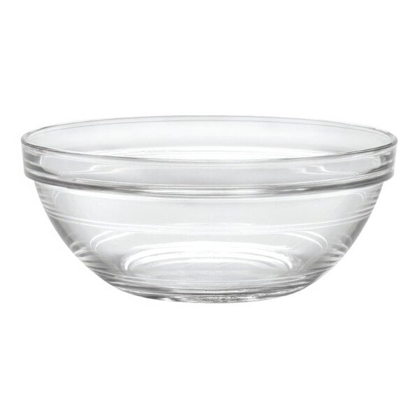 A case of 24 Duralex clear glass bowls with a rim.