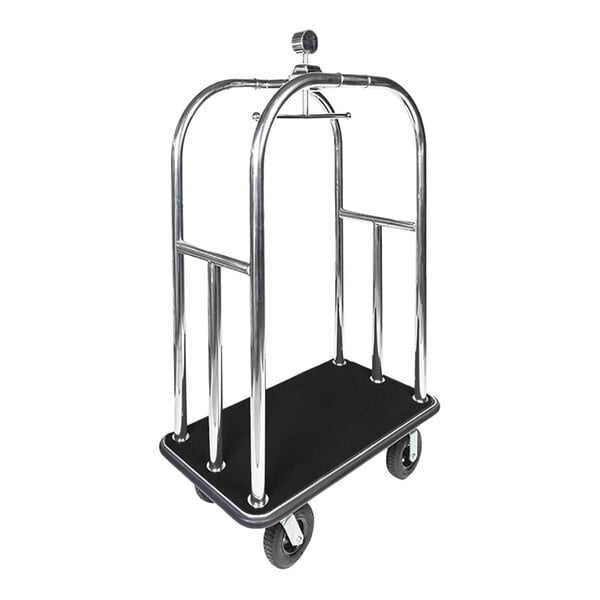CSL Deluxe Rondo 3799BK-010BLK 44" x 24" x 75" Stainless Steel Finish Black Carpeted Bellman's Cart with 8" Pneumatic Casters