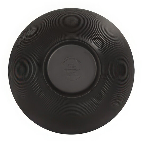 A black melamine bowl with a circular design in the middle.