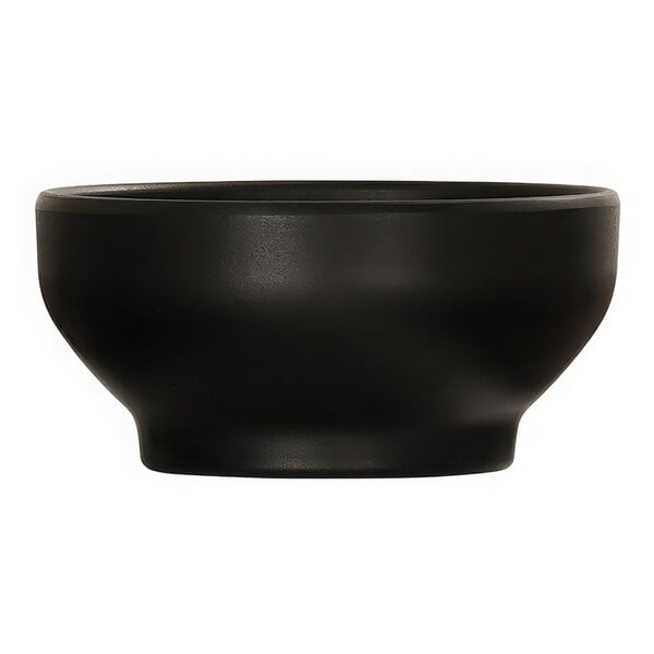 A close up of a black Cal-Mil melamine soup bowl with a white background.