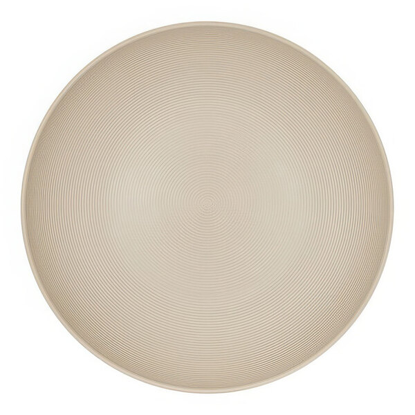 A taupe Cal-Mil Charlotte plate with a circular pattern.