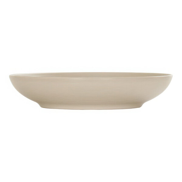 A taupe melamine bowl with a curved edge.