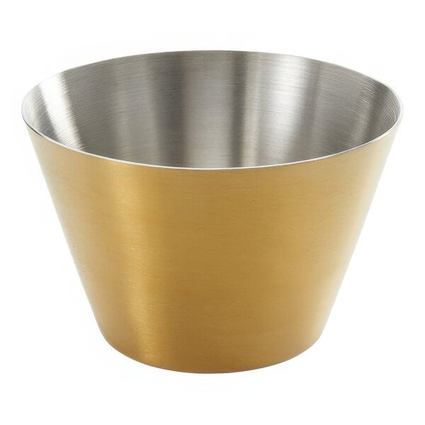 An American Metalcraft stainless steel sauce cup with a gold finish.