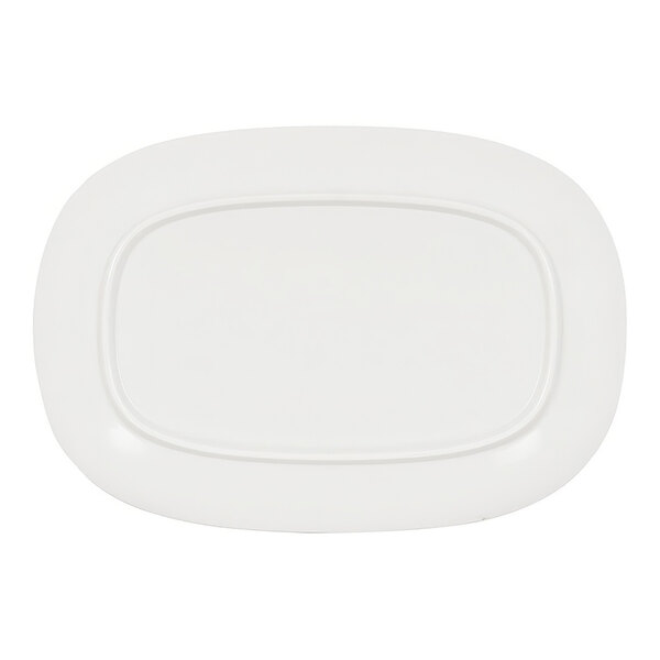 A white oval Cal-Mil melamine plate with a white raised rim.