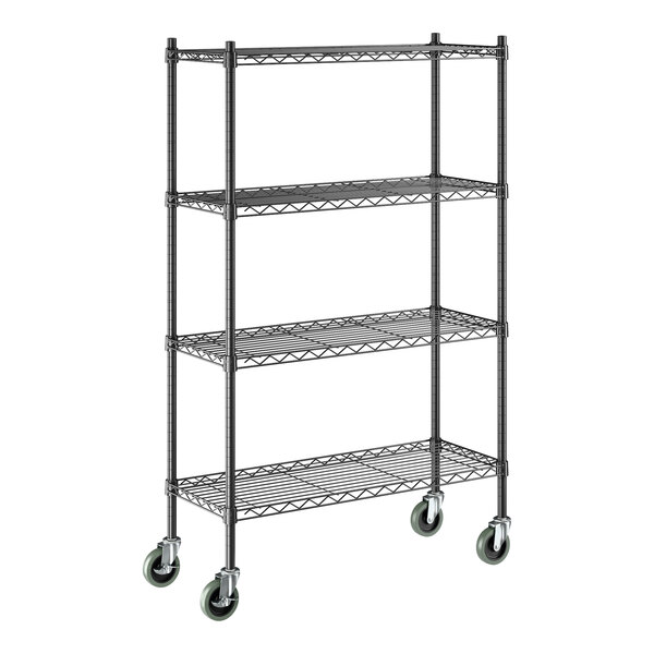 A black epoxy four-shelf metal storage rack with casters and 54-inch posts.