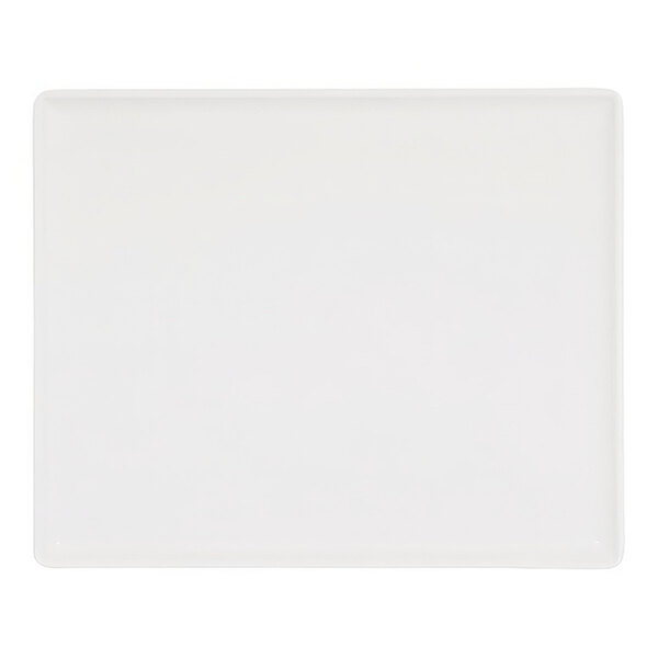 A white rectangular melamine platter with a raised rim.
