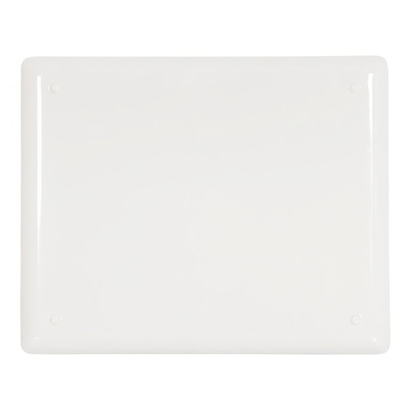 A white rectangular Cal-Mil melamine platter with a raised rim.