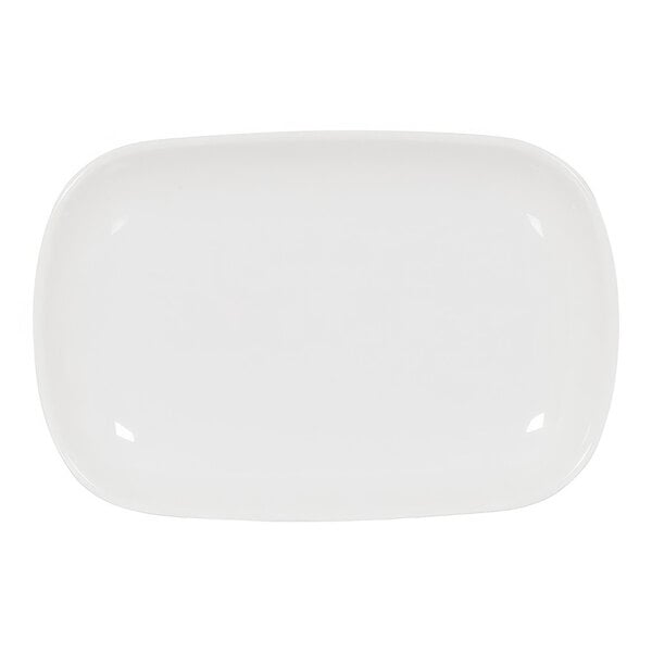 A white rectangular Cal-Mil melamine plate with a raised rim.