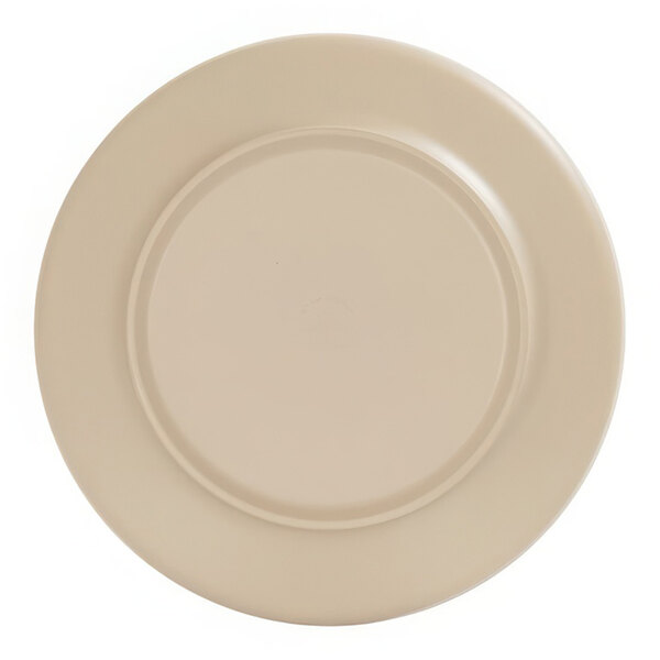A taupe plate with a round edge and center.