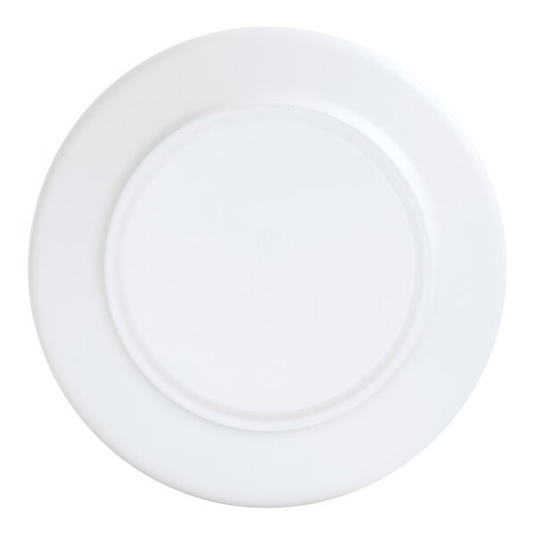 A white plate with a round edge.