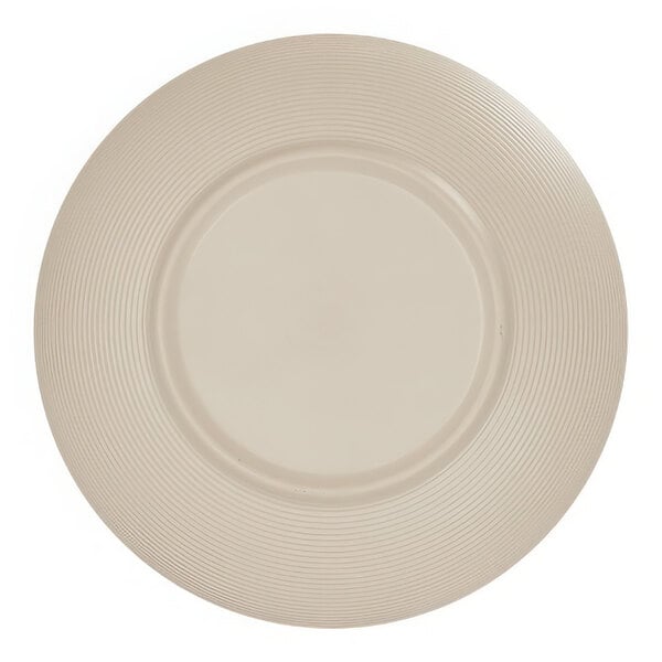 A taupe Cal-Mil melamine bowl with a circular pattern on the inside.