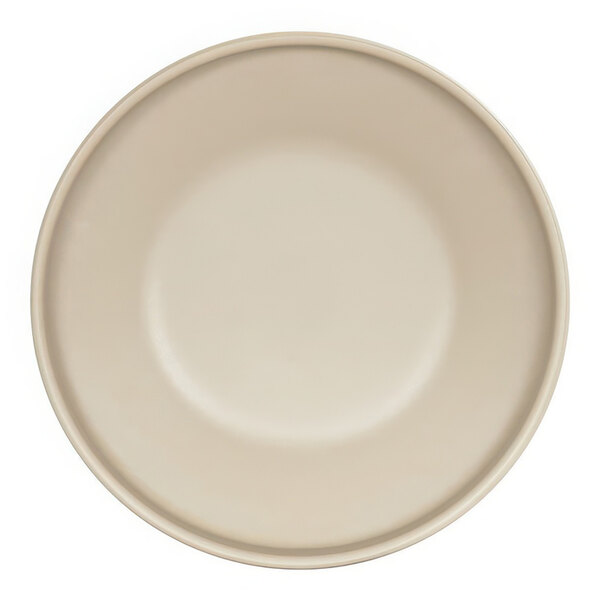 A taupe Cal-Mil melamine bowl/plate with a white border.