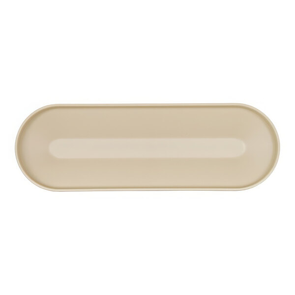 A taupe rectangular melamine platter with an oval shape and white border.