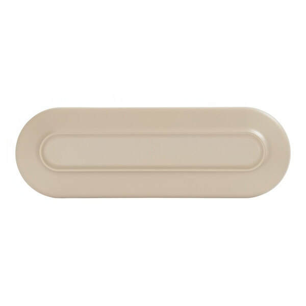 A taupe rectangular Cal-Mil melamine platter with an oval shape.